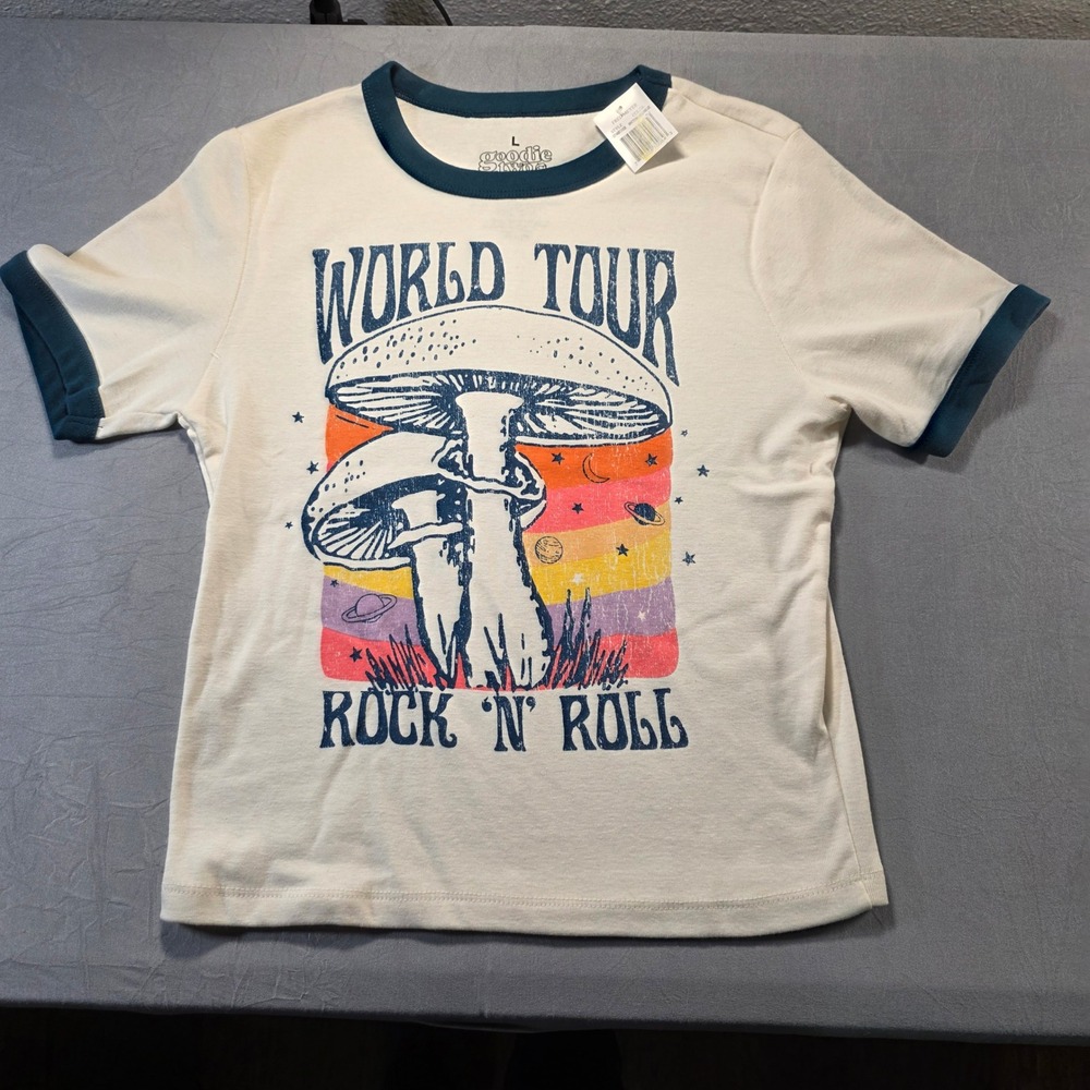 Goodie Two Sleeves World Tour Rock N Roll Mushroom Ringer T Cream Junior Large*